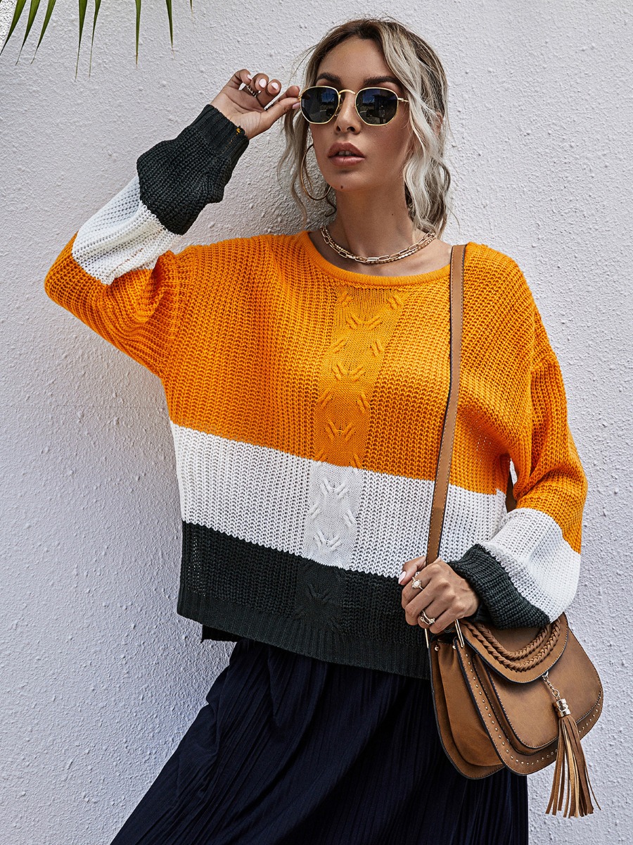 Drop Sleeve Color Blocking Knit Top