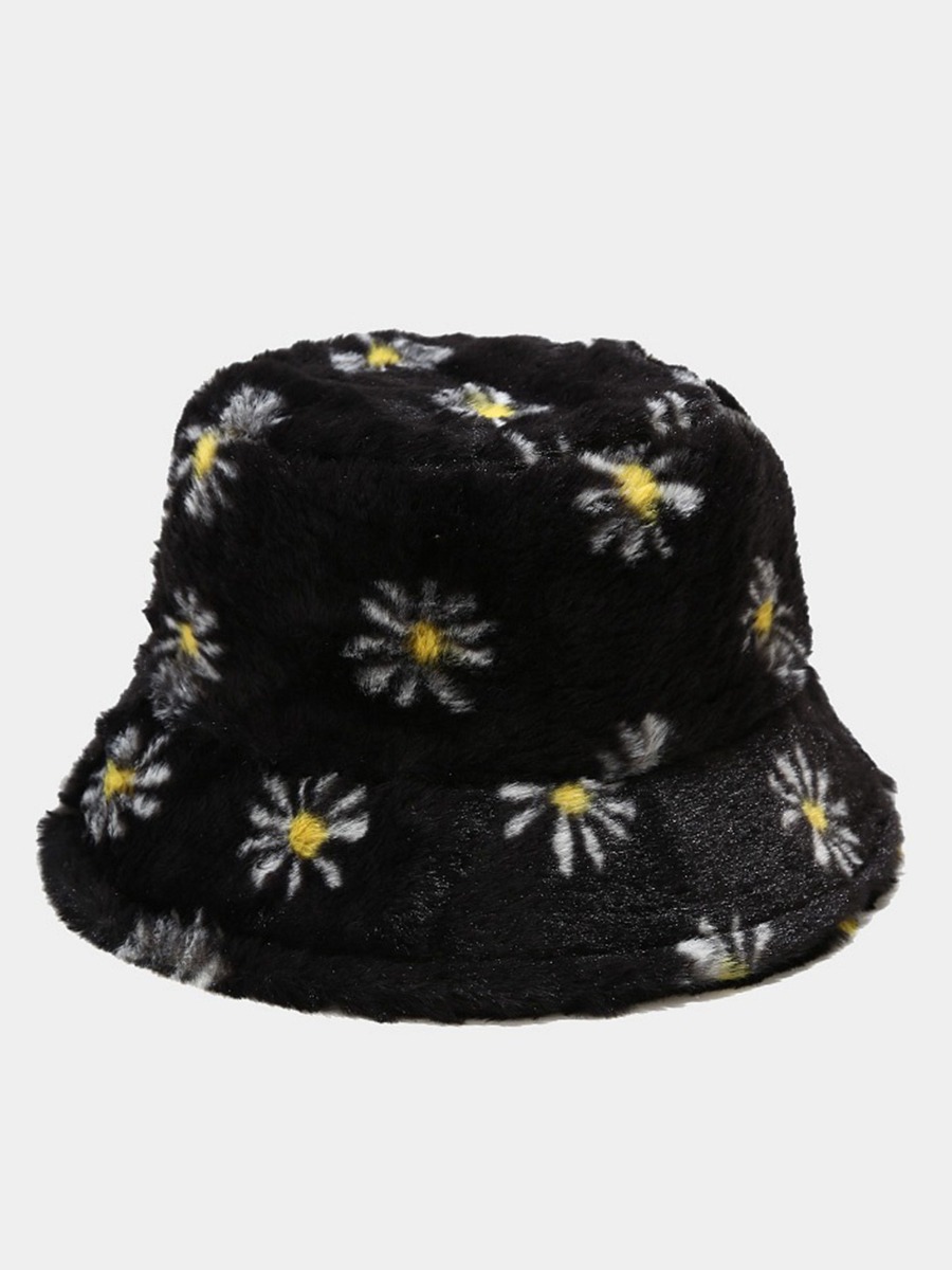 Faux Fur Daisy Flower Print Bucket Hat