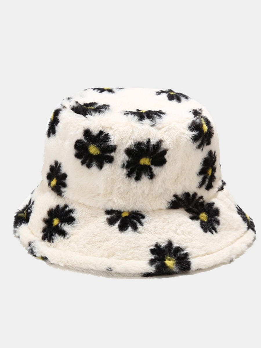 Faux Fur Daisy Flower Print Bucket Hat