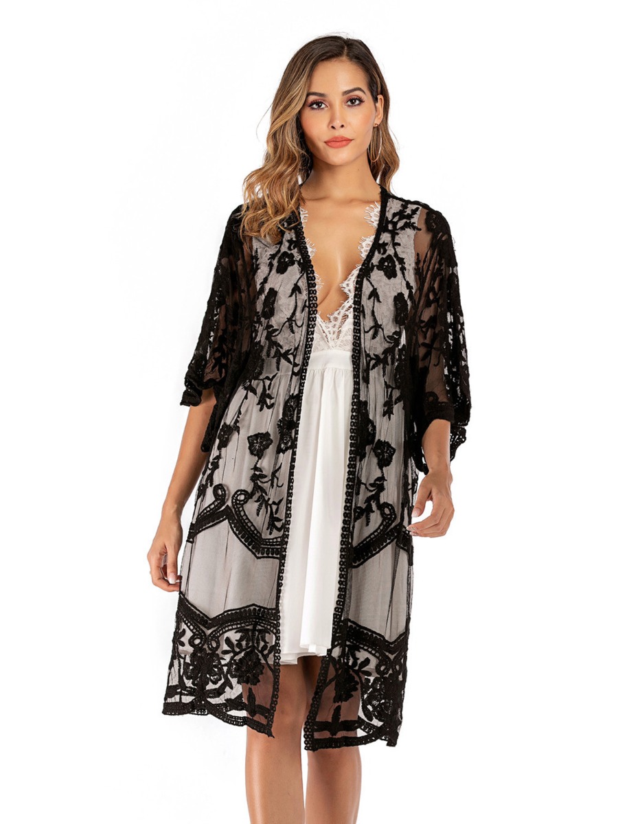 Flutter Sleeve Flower Embroidered Beach Lace Cover-up Kimono