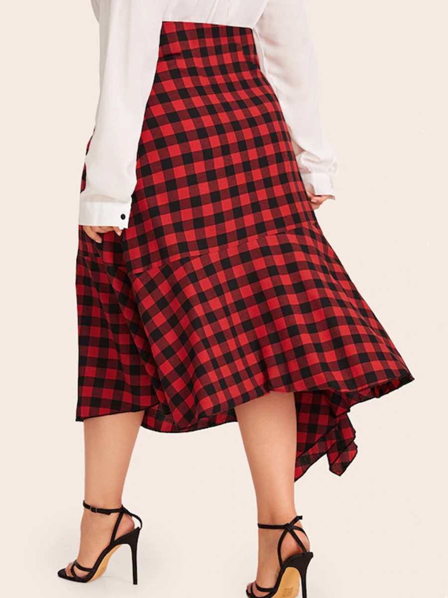 Plus Size Asymmetrical Hem Buffalo Plaid Skirt