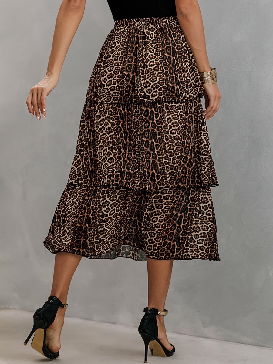 Women High Waist Leopard Print Layered Pleated Skirt