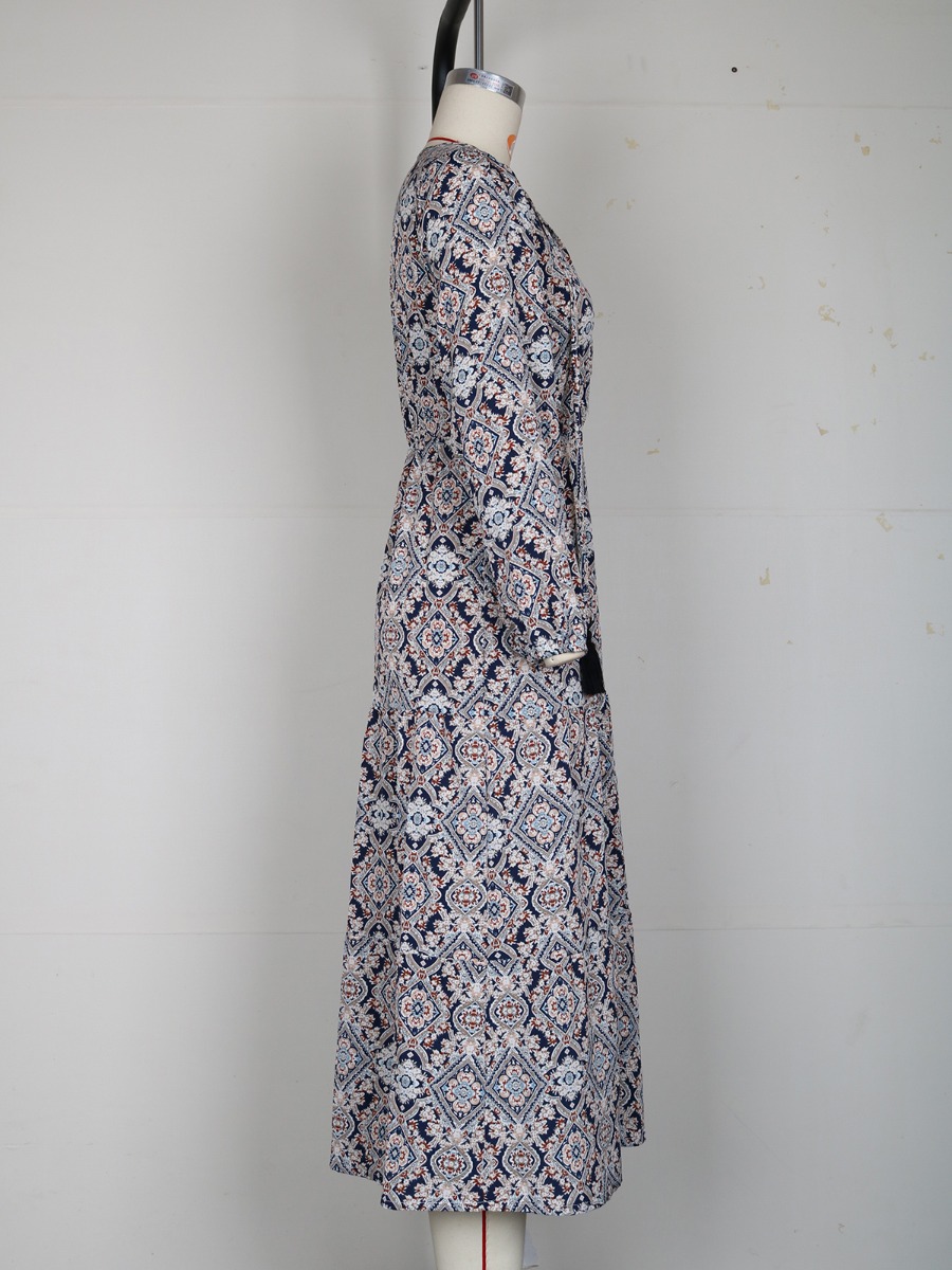 Tie-neck Fringe Trim Geometric Pattern Dress