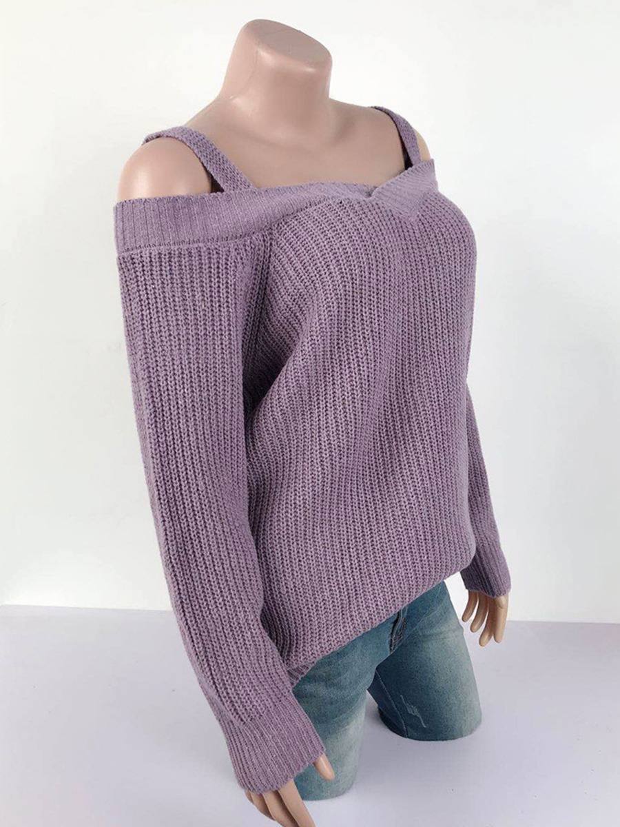 Solid Color Open Shoulder Knitted Top