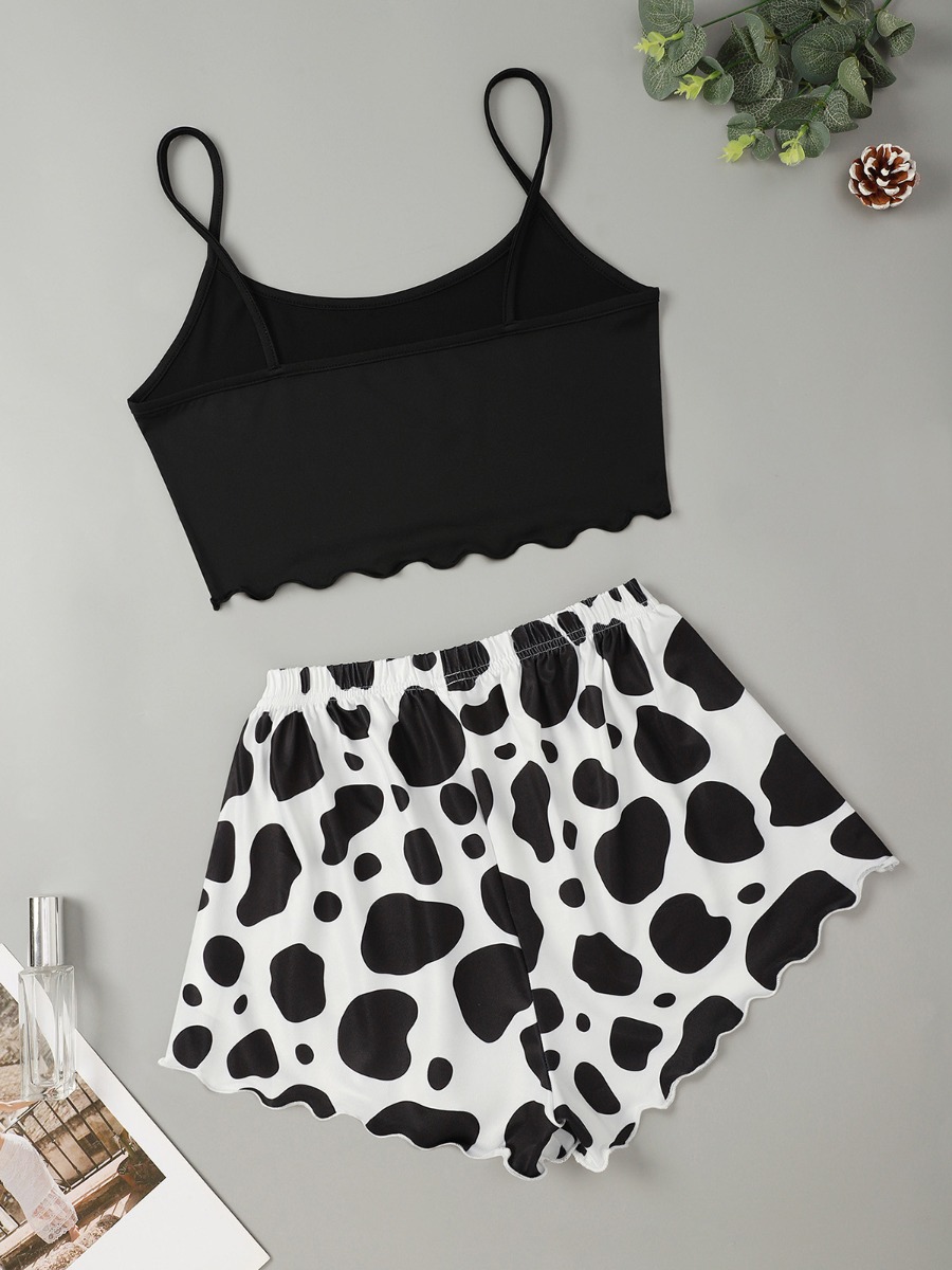 2 Pieces Funny Farm Cami Top & Cow Print Shorts Lounge Set