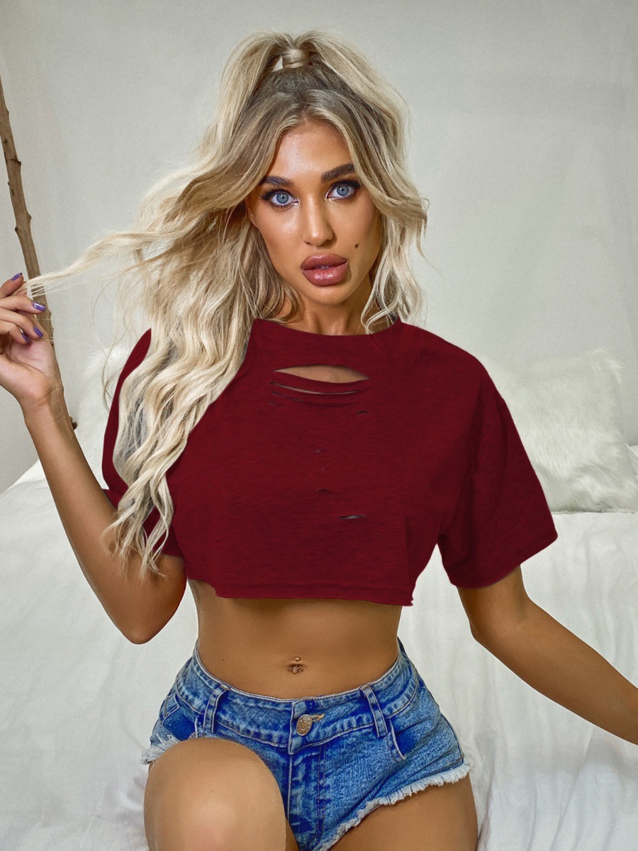 Solid Color Cutout Ripped Crop Top