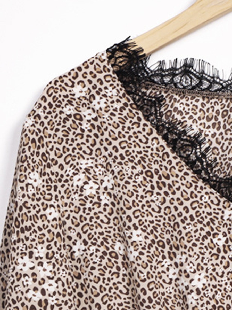 V Collar Lace Scalloped Leopard Dress