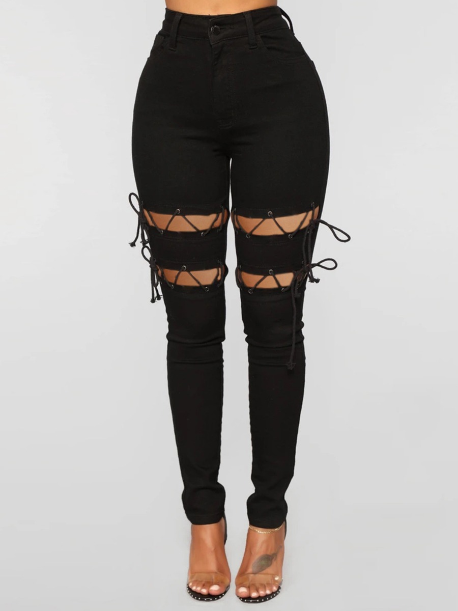 High Waisted Grommet Eyelet Lace-Up Skinny Ripped Jeans