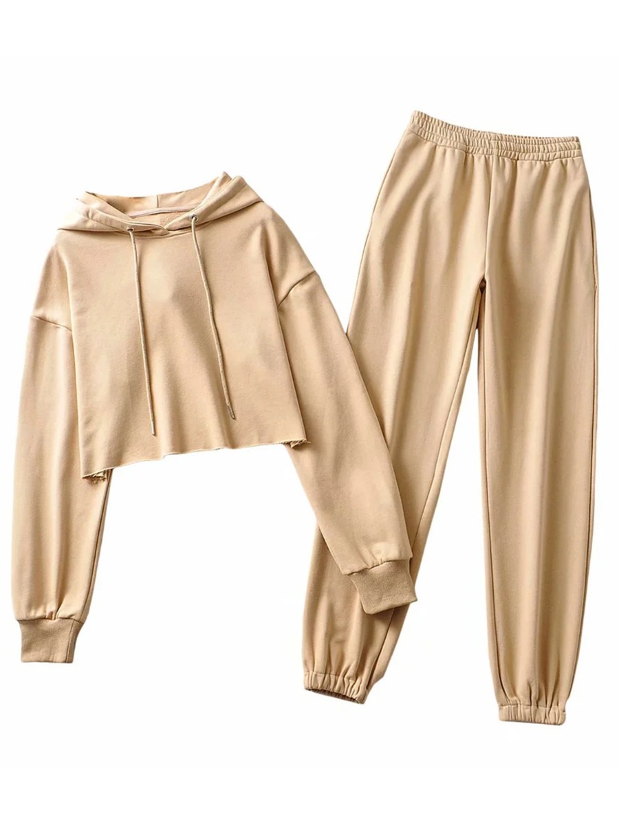 2 Pieces Solid Crop Hoodie With Jogger Pants Set