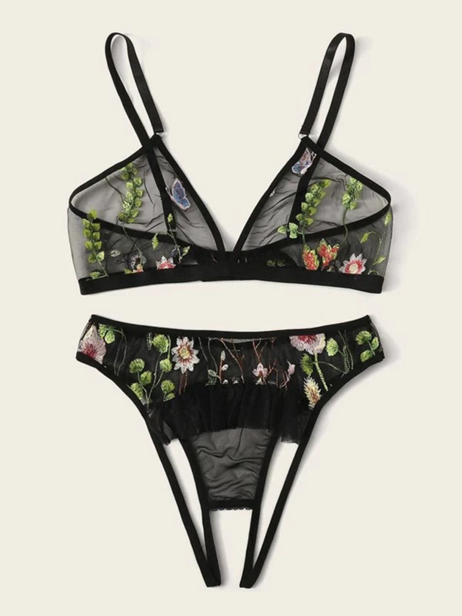 Flower Embroidery Mesh Lingerie Set 