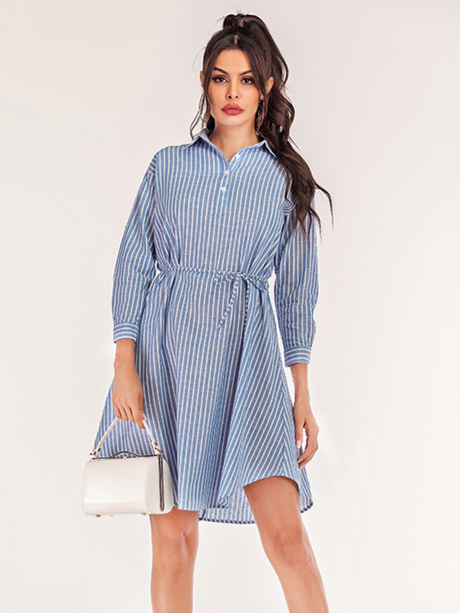 Rollable Sleeve Belted Stripe Shirt Dress