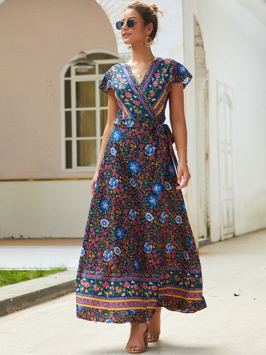 Bohemian Flutter Sleeve Floral Print Split Thigh Lace-up Maxi Dress