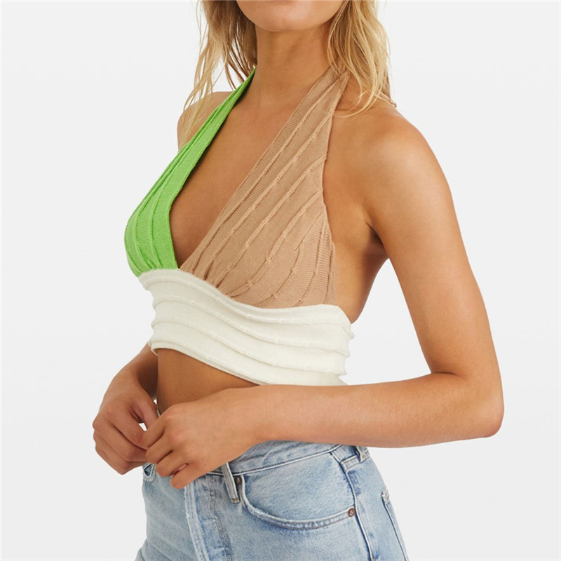 Colorblock Halterneck Sexy Low Cut Backless Slim Beach Womens Knitted Vests Wholesale Crop Tops 7911