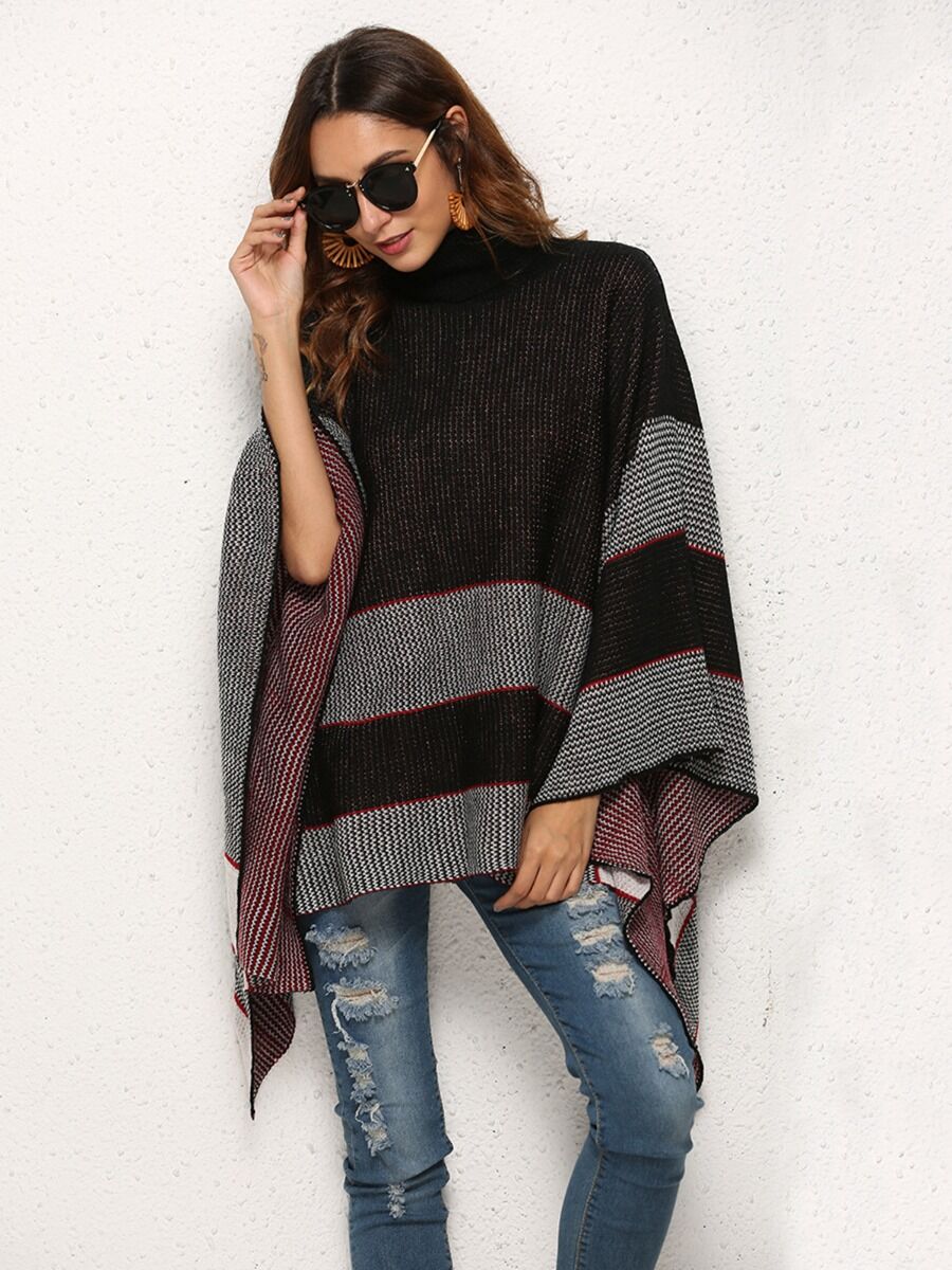 shestar wholesale Fringe Hem Turtleneck Stripe Cloak Sweater