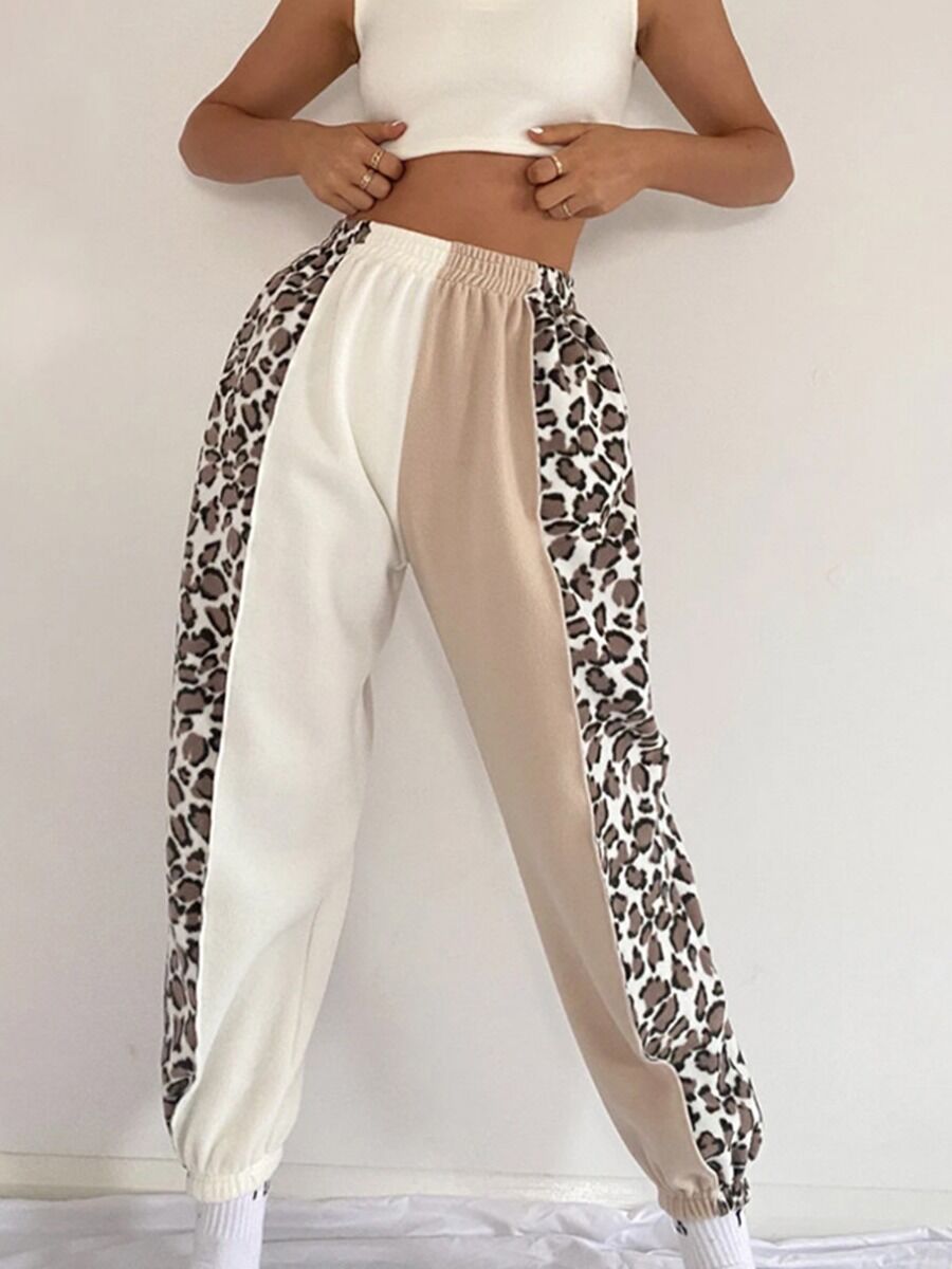 shestar wholesale womens clothing Color-block Leopard Panel Jogger Pants