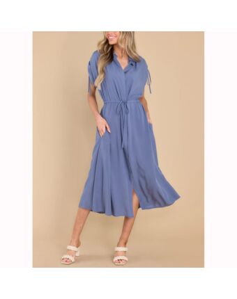 Summer Drawstring Waist Lapel Collar Single-Breasted Casual Midi Dress Wholesale Dresses N5323031000011