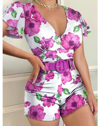 Ruffle Sleeve V-neck Color-blocking Flower Print Romper  210520502