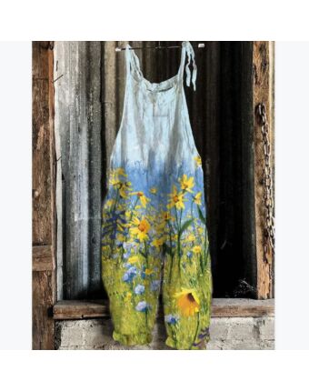 Women Printed Linen Wide-Leg Casual Sling Jump Suit Wholesale Jumpsuits SJN534387