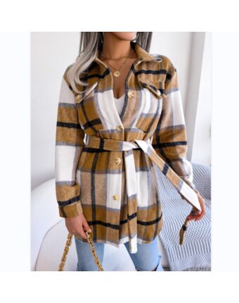 Casual Plaid Single-Breasted Long Sleeve Jacket Wholesale Coats With Belt SOUN562202