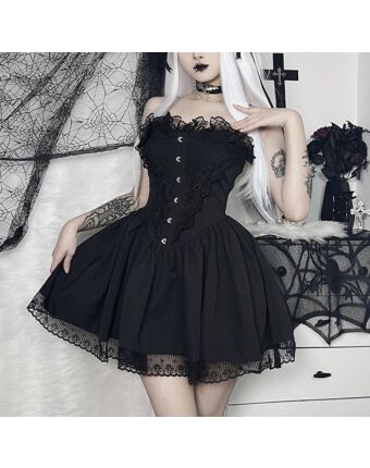 Gothic Punk Dark Style Jacquard Slim-Fit Swing Lace Suspender Dress Wholesale Dresses N5323031100103