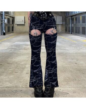 Dark Punk Gothic Street Slim-Fit Print Hollow Flared Pants Wholesale Women'S Bottom N4623041900060