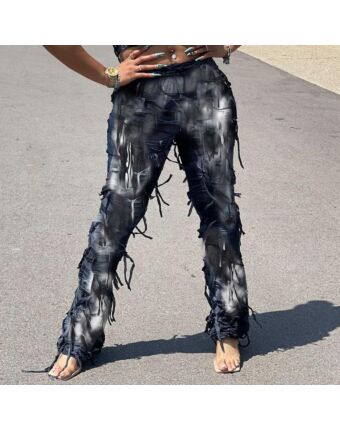 Fashion Tie-Dye Tassel High Waist Slim Fit Pants Wholesale Womens Clothing N3824083000017