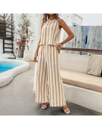 Short-Sleeved Casual Striped Tank Tops Wide-Leg Pants Wholesale Womens 2 Piece Sets N3824062100007