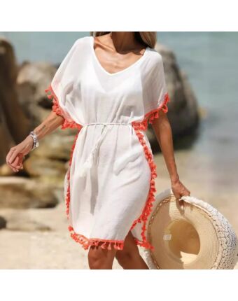 Cotton Tasseled Trim Colorblocked Beach Dresses Bikini Coverup Wholesale Womens Clothing N3824081300002