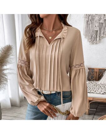 Lace-Up V-Neck Solid Color Pleated Shirts Wholesale Womens Clothing N3824112000014