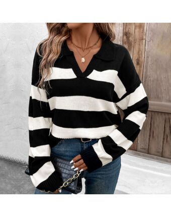 Long Sleeve Lapel Striped Sweater Wholesale Womens Clothing N3824080900001