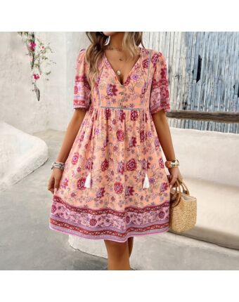 Holiday Floral V-Neck Short-Sleeved Dress Wholesale Womens Clothing N3824041600006