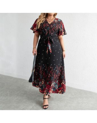 Plus Size Dress V Neck Short Sleeve Printed Maxi Dresses Wholesale Womens Clothing N3824080300004