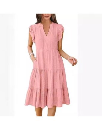 V-Neck Lotus Leaf Sleeve Patchwork Large Swing Pocket Midi Dresses Wholesale Womens Clothing N3824070900014