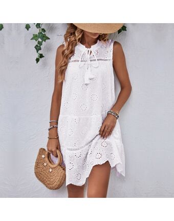 Fashionable Resort Eyelets Sleeveless White Dress Wholesale Womens Clothing N3824022600070