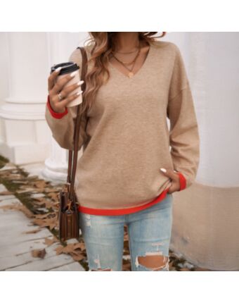 Casual Loose Pullover V-Neck Contrast Color Long Sleeve Sweater Wholesale Womens Clothing N3824120600008