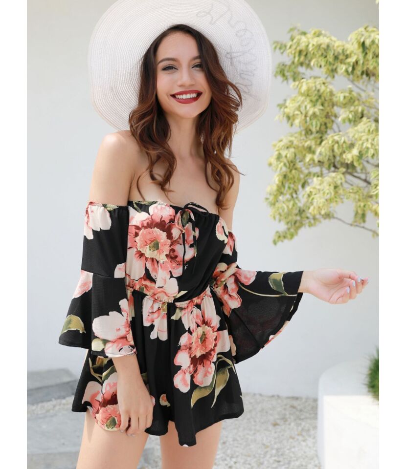 Off Shoulder Elastic Waist Flower Print Romper