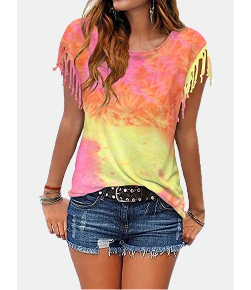 Fashion Tassel Sleeve Tie Dye T-shirt