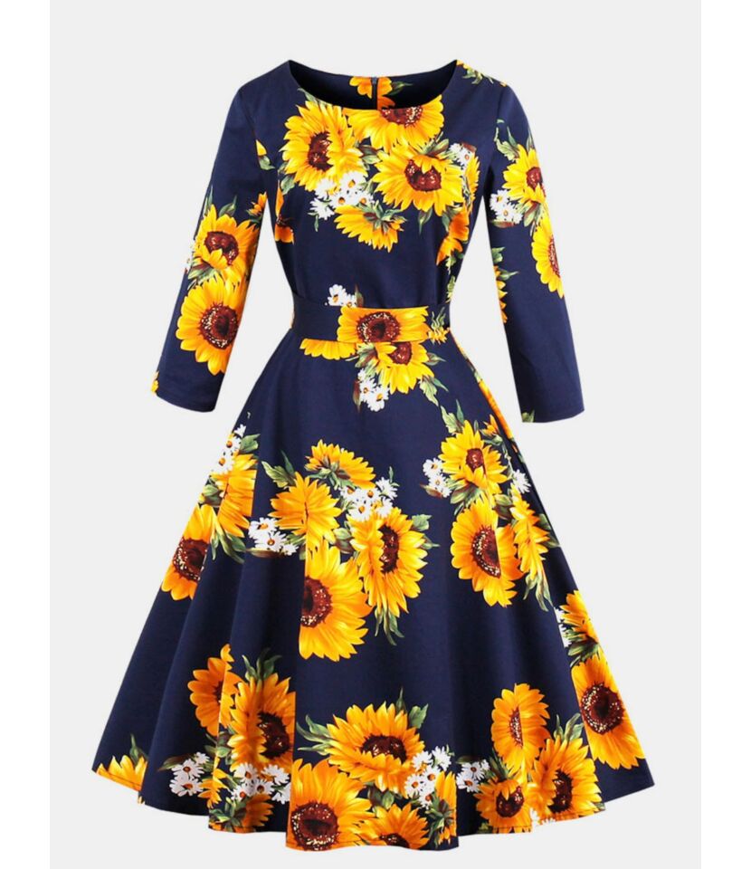 Retro A-line Sunflower Print Tie Waist Dress