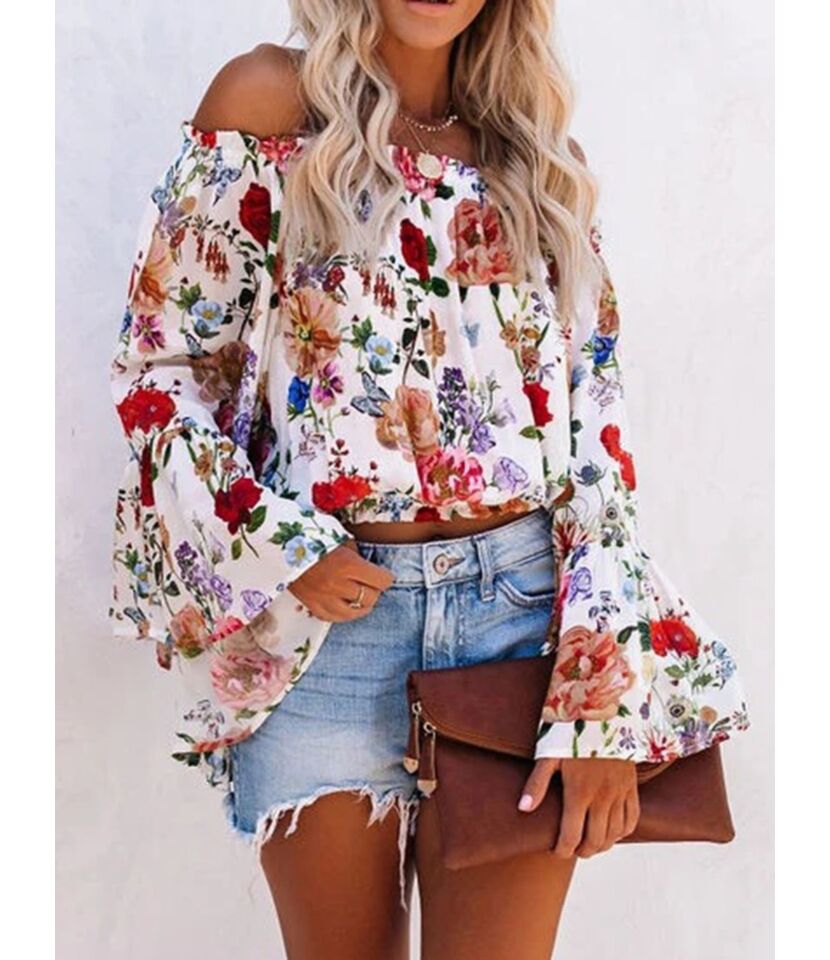 Off Shoulder Floral Print Flare Sleeve Chiffon Top