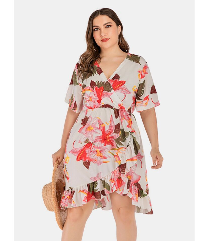 Plus Size Sexy V-neck Floral Print Ruffle Trim Dress
