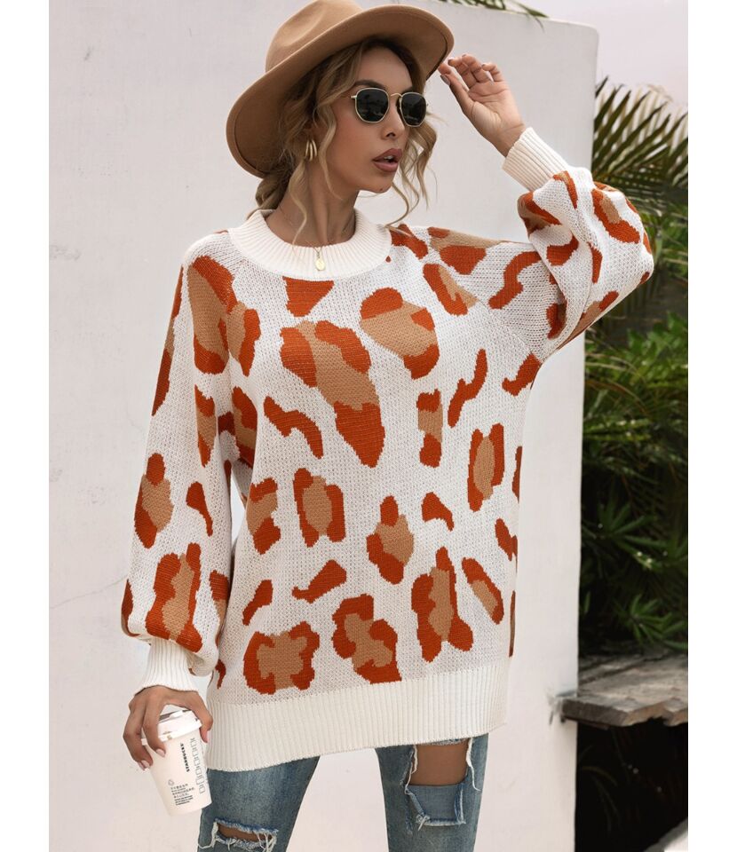 Ribbed Patchwork Leopard Women Sweater