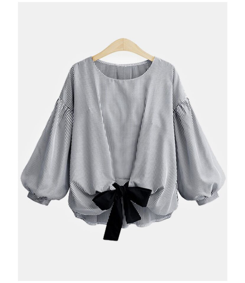 Plus Size Puff Sleeve Stripe Bow Blouse