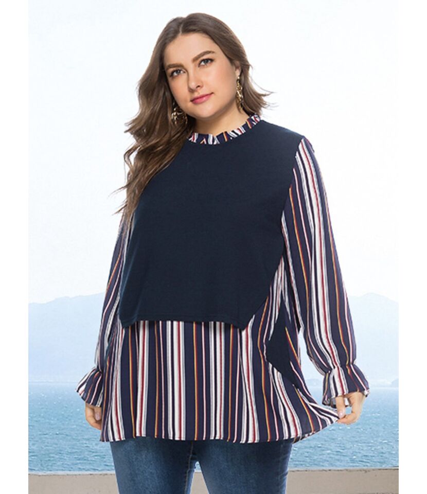 Plus Size Fake Two Pieces Flare Sleeve Vertical Striped Top