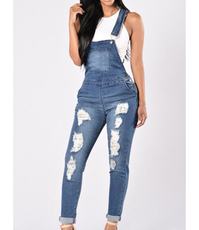 Raw Ripped Slant Pocket Denim Overalls