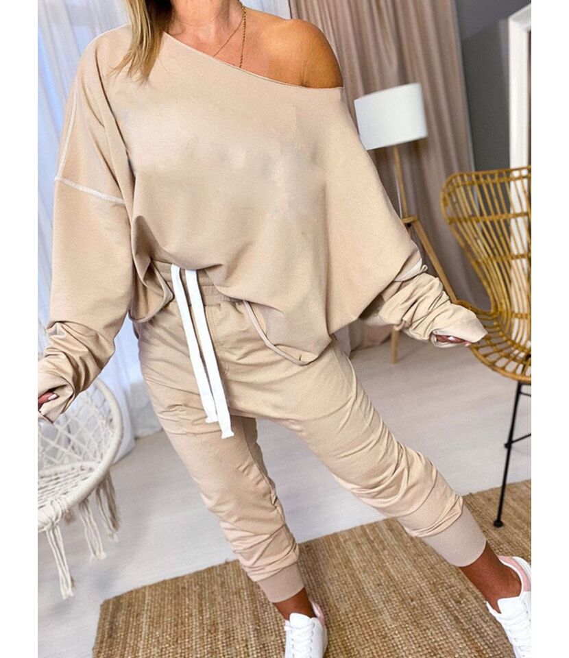 2 Pieces Solid Color Top And Pants Homewear Outfits