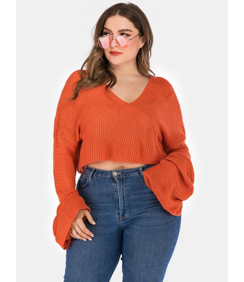 Plus Size Flare Sleeve Ribbed Cropped Sweater
