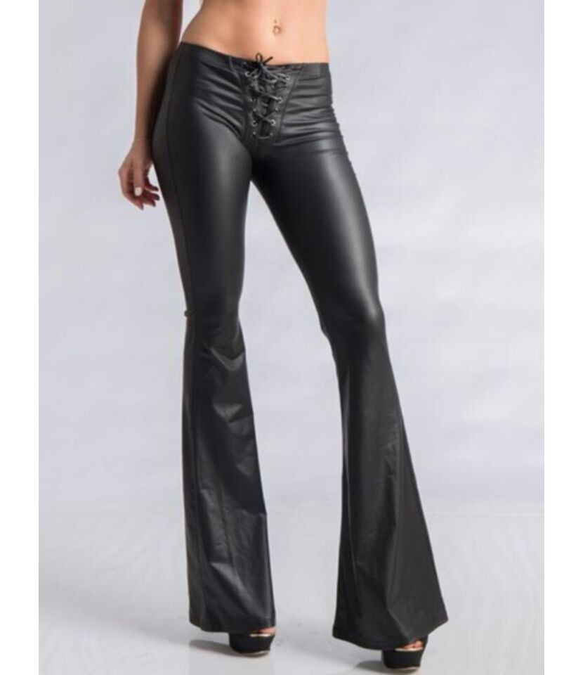 Lace-up Waist Leather Bell-bottom Pants