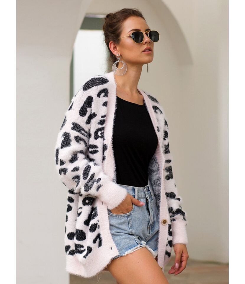 Colorblock Single-breasted Leopard Knit Cardigan