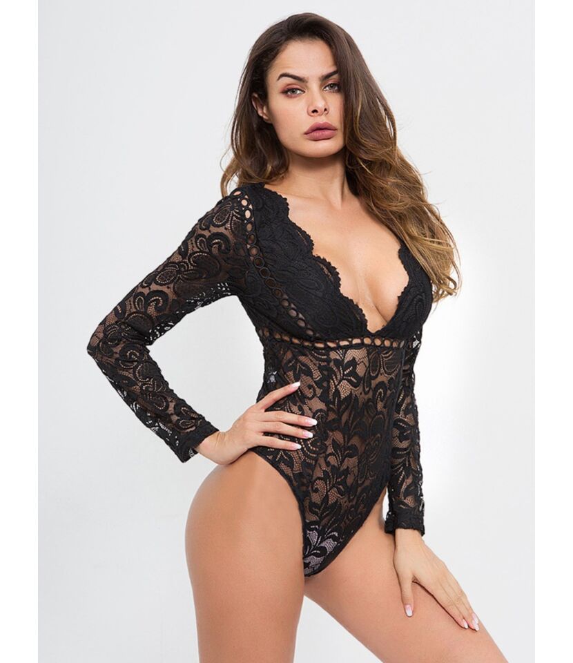 Sexy Cutout Lace Flower Embroidery Bodysuit