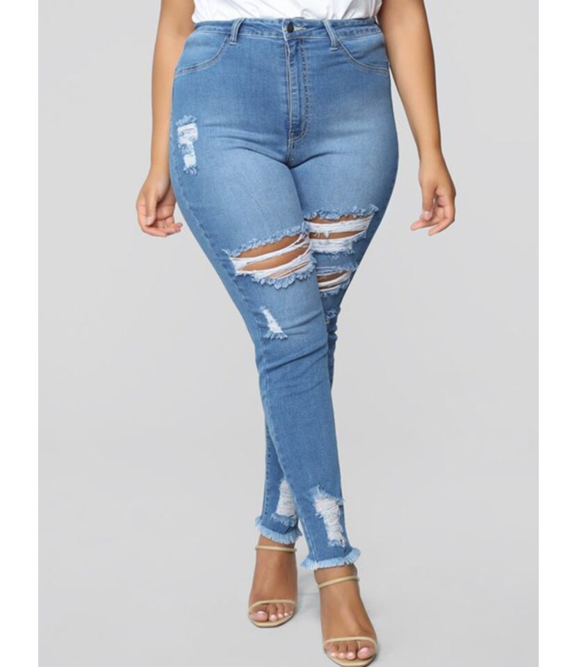 Plus Size Fringe Hem Ripped Skinny Jeans